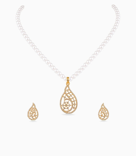 Gold Plated Paisley Single Strand Pearl Necklace Set