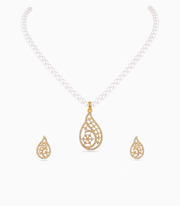 Gold Plated Paisley Single Strand Pearl Necklace Set