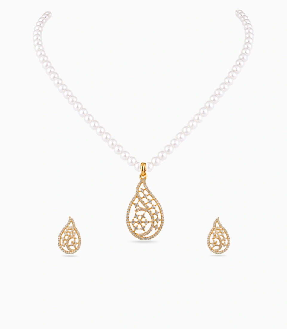 Gold Plated Paisley Single Strand Pearl Necklace Set