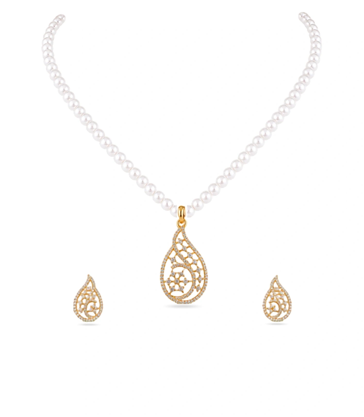 Gold Plated Paisley Single Strand Pearl Necklace Set