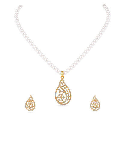 Gold Plated Paisley Single Strand Pearl Necklace Set