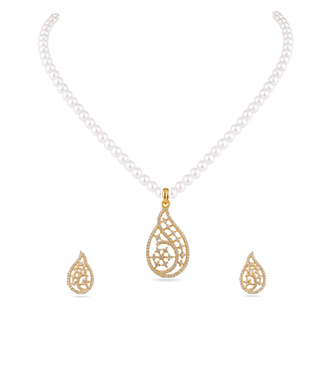 Gold Plated Paisley Single Strand Pearl Necklace Set