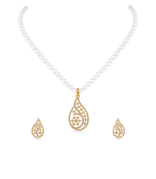 Gold Plated Paisley Single Strand Pearl Necklace Set