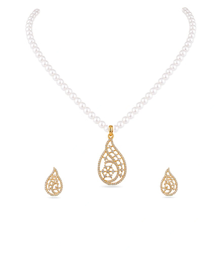 Gold Plated Paisley Single Strand Pearl Necklace Set