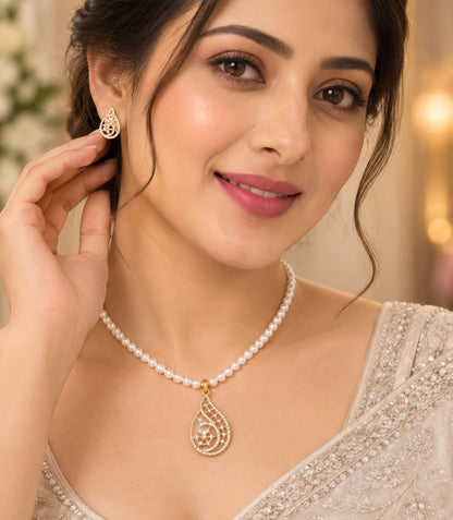 Gold Plated Paisley Single Strand Pearl Necklace Set