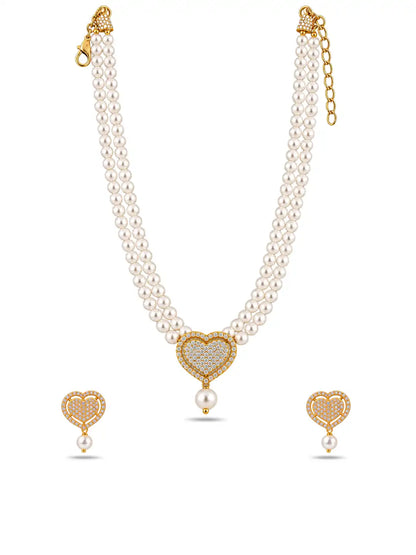 Gold Plated Heart Motif Multi Strand Pearl Necklace