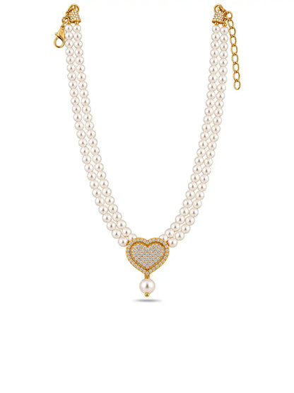 Gold Plated Heart Motif Multi Strand Pearl Necklace