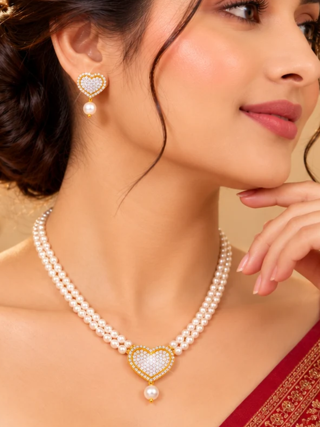 Gold Plated Heart Motif Multi Strand Pearl Necklace