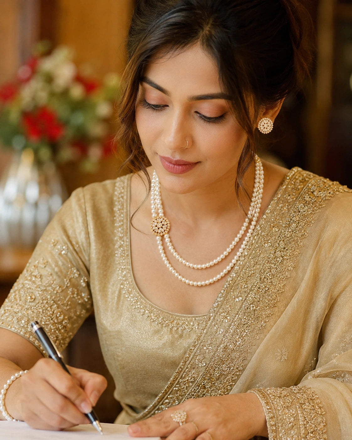 Gold Plated Regal Multi Strand Pearl Necklace