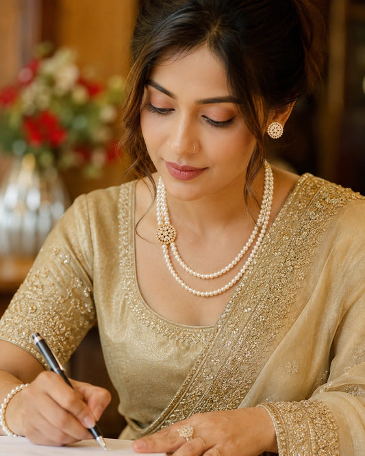 Gold Plated Regal Multi Strand Pearl Necklace