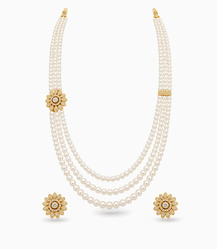 Gold Plated Dramatic Multi Strand Pearl Necklace