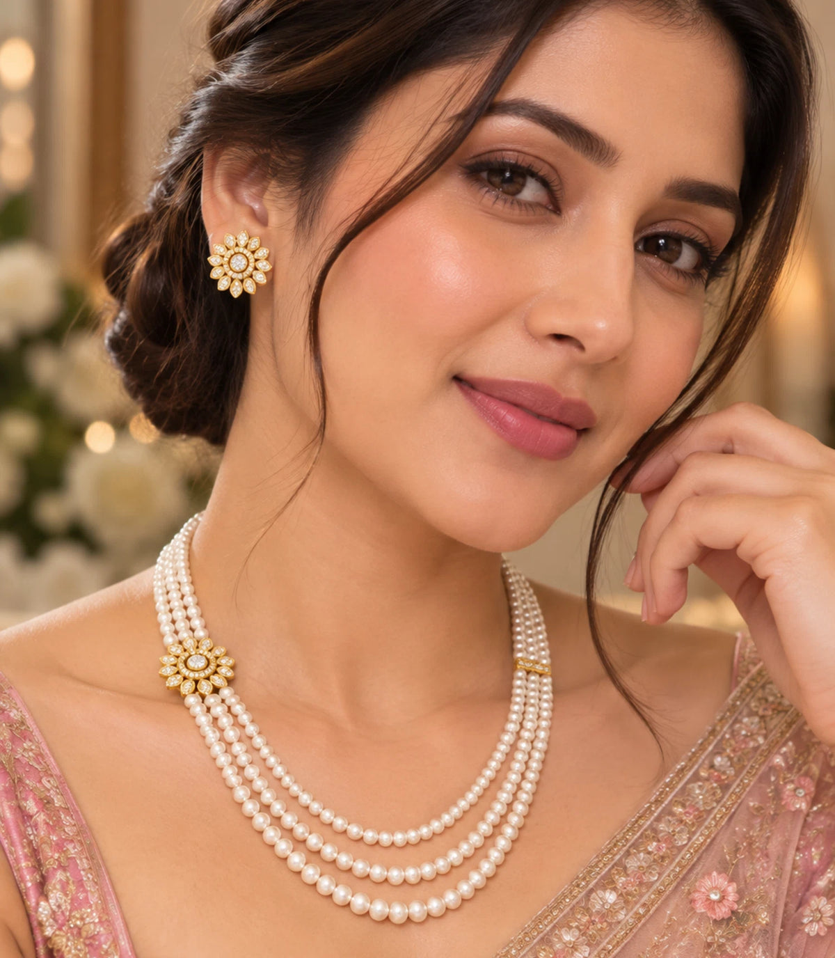 Gold Plated Dramatic Multi Strand Pearl Necklace