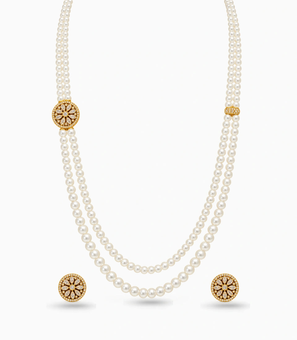 Gold Plated Grand Layered Multi Strand Pearl Necklace