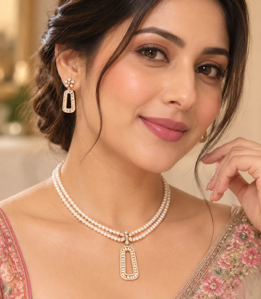 Gold Plated Geometric Multi Strand Pearl Necklace