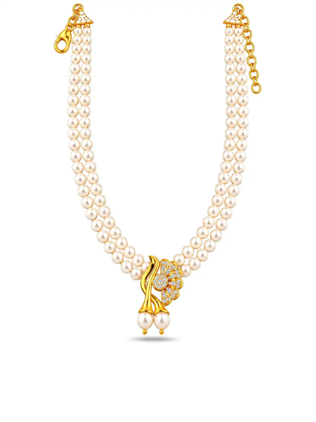 Gold Plated Floral Leaf Multi Strand Pearl Necklace