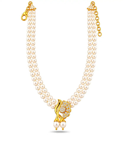 Gold Plated Floral Leaf Multi Strand Pearl Necklace