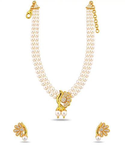 Gold Plated Floral Leaf Multi Strand Pearl Necklace