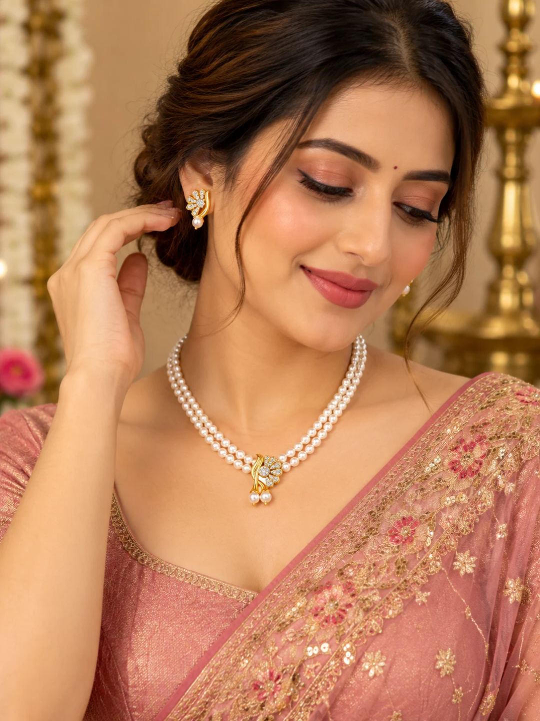 Gold Plated Floral Leaf Multi Strand Pearl Necklace
