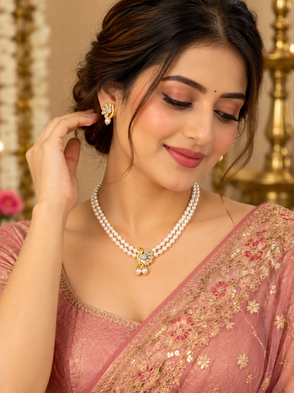 Gold Plated Floral Leaf Multi Strand Pearl Necklace