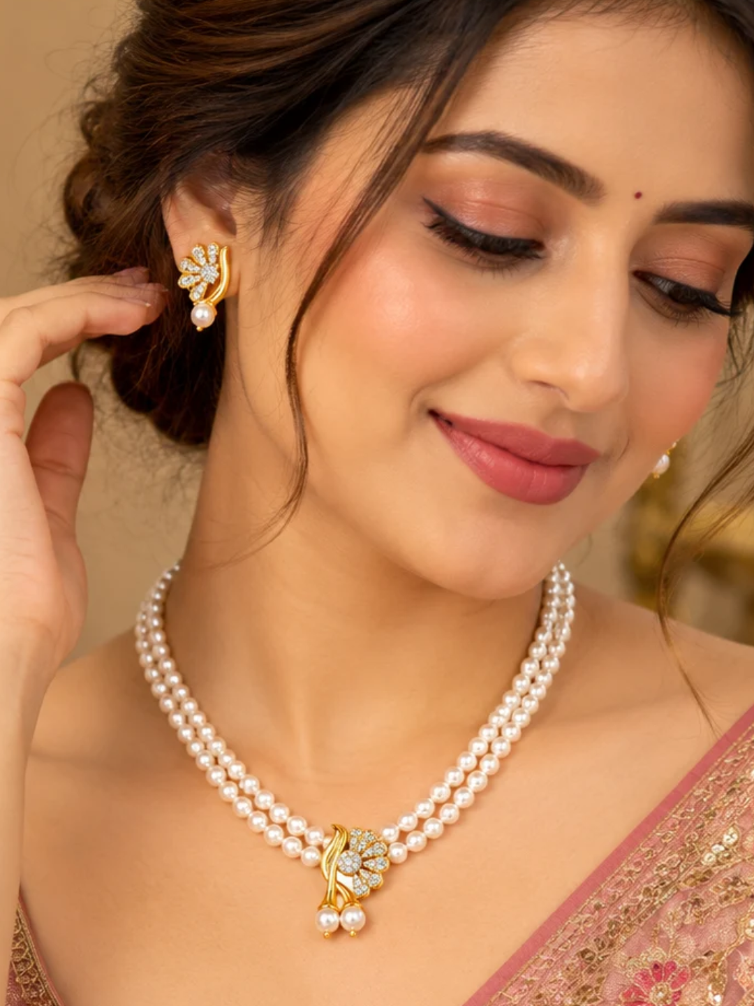 Gold Plated Floral Leaf Multi Strand Pearl Necklace