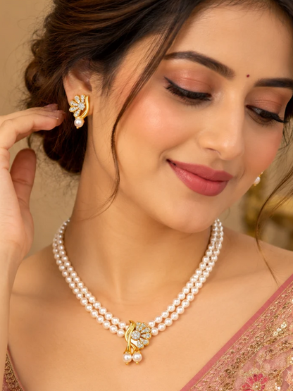 Gold Plated Floral Leaf Multi Strand Pearl Necklace