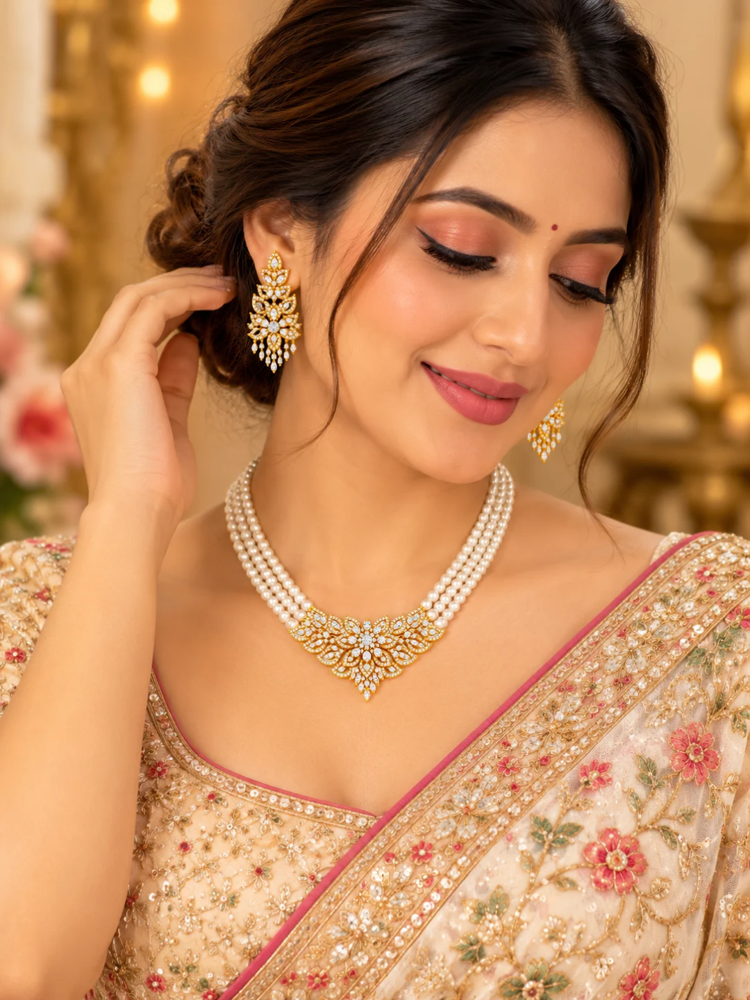 Gold Plated Statement Multi Strand Pearl Necklace