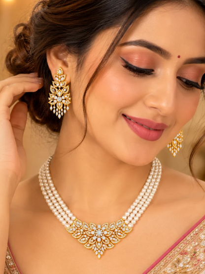 Gold Plated Statement Multi Strand Pearl Necklace