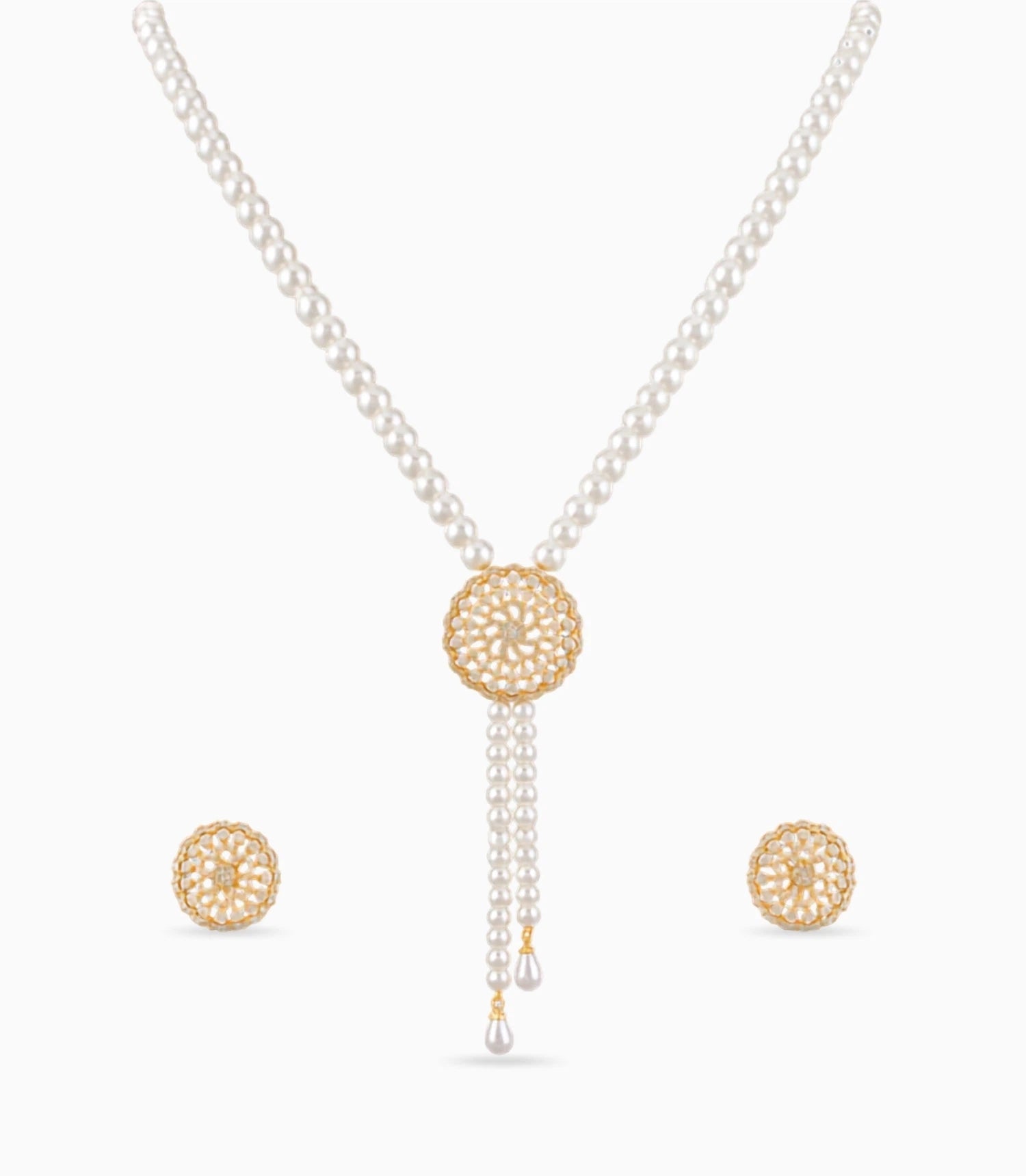 Gold Plated Long Single Strand Pearl Necklace Set