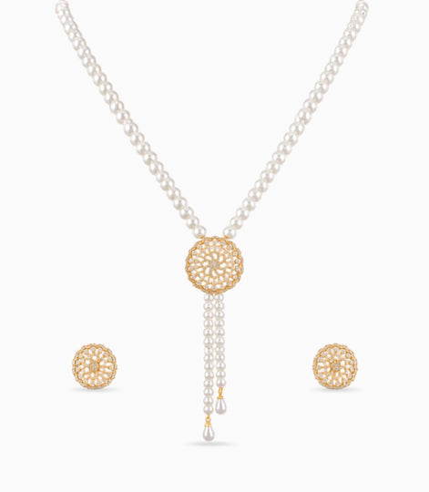 Gold Plated Long Single Strand Pearl Necklace Set