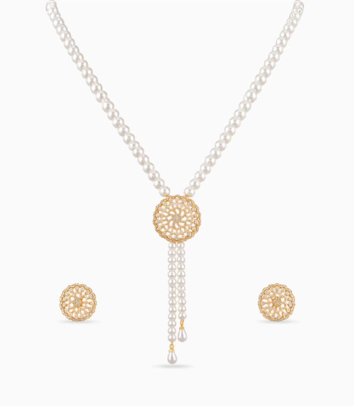 Gold Plated Long Single Strand Pearl Necklace Set
