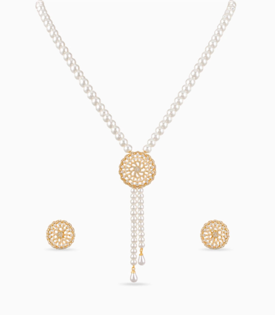 Gold Plated Long Single Strand Pearl Necklace Set