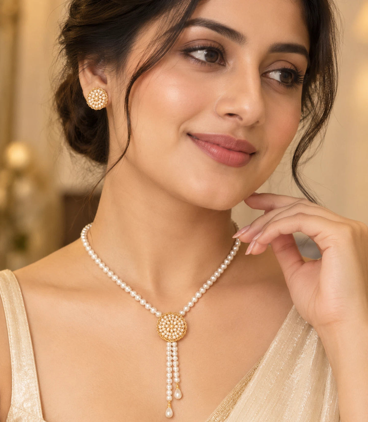 Gold Plated Long Single Strand Pearl Lariat Necklace Set
