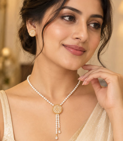 Gold Plated Long Single Strand Pearl Lariat Necklace Set