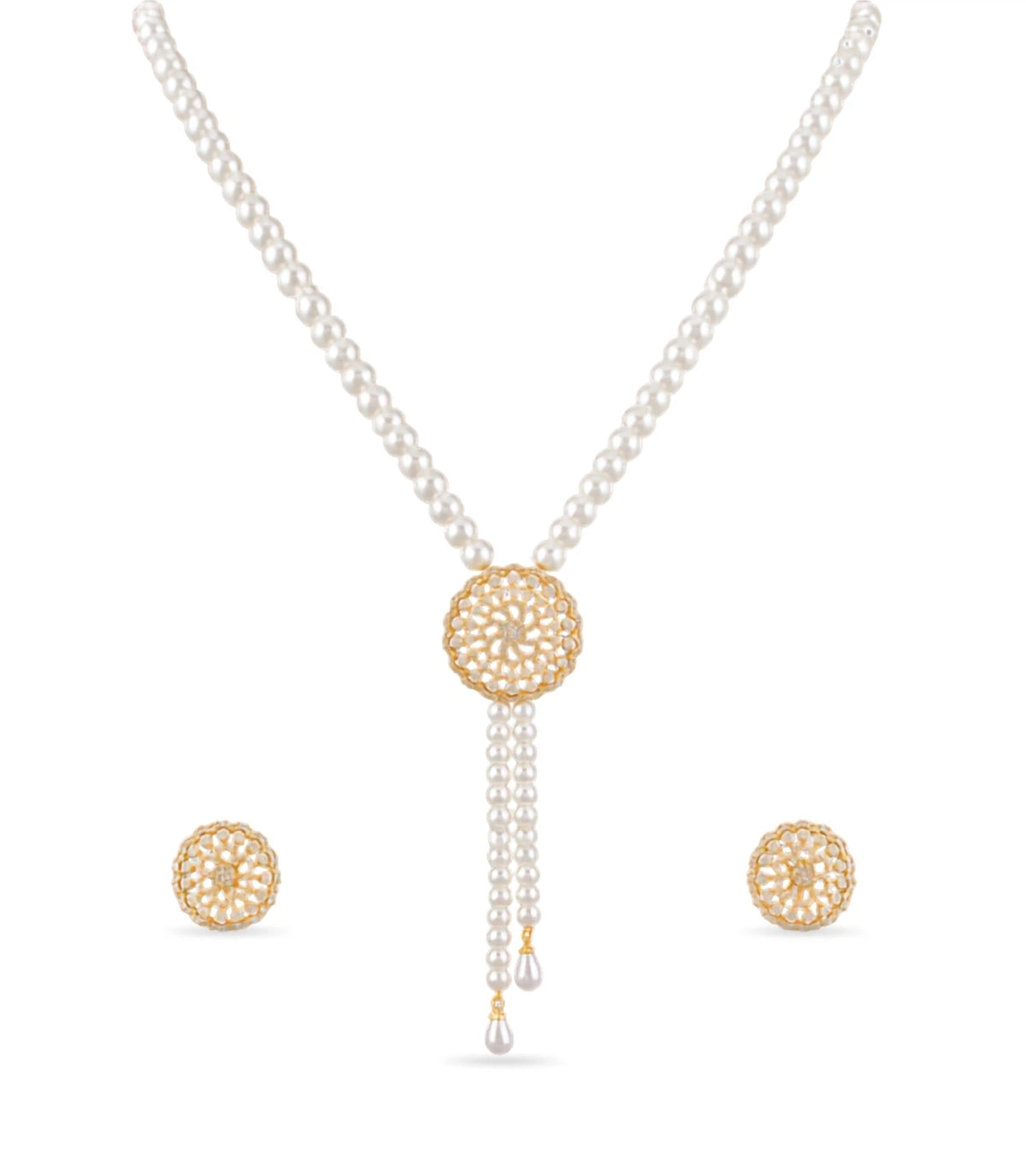 Gold Plated Long Single Strand Pearl Lariat Necklace Set
