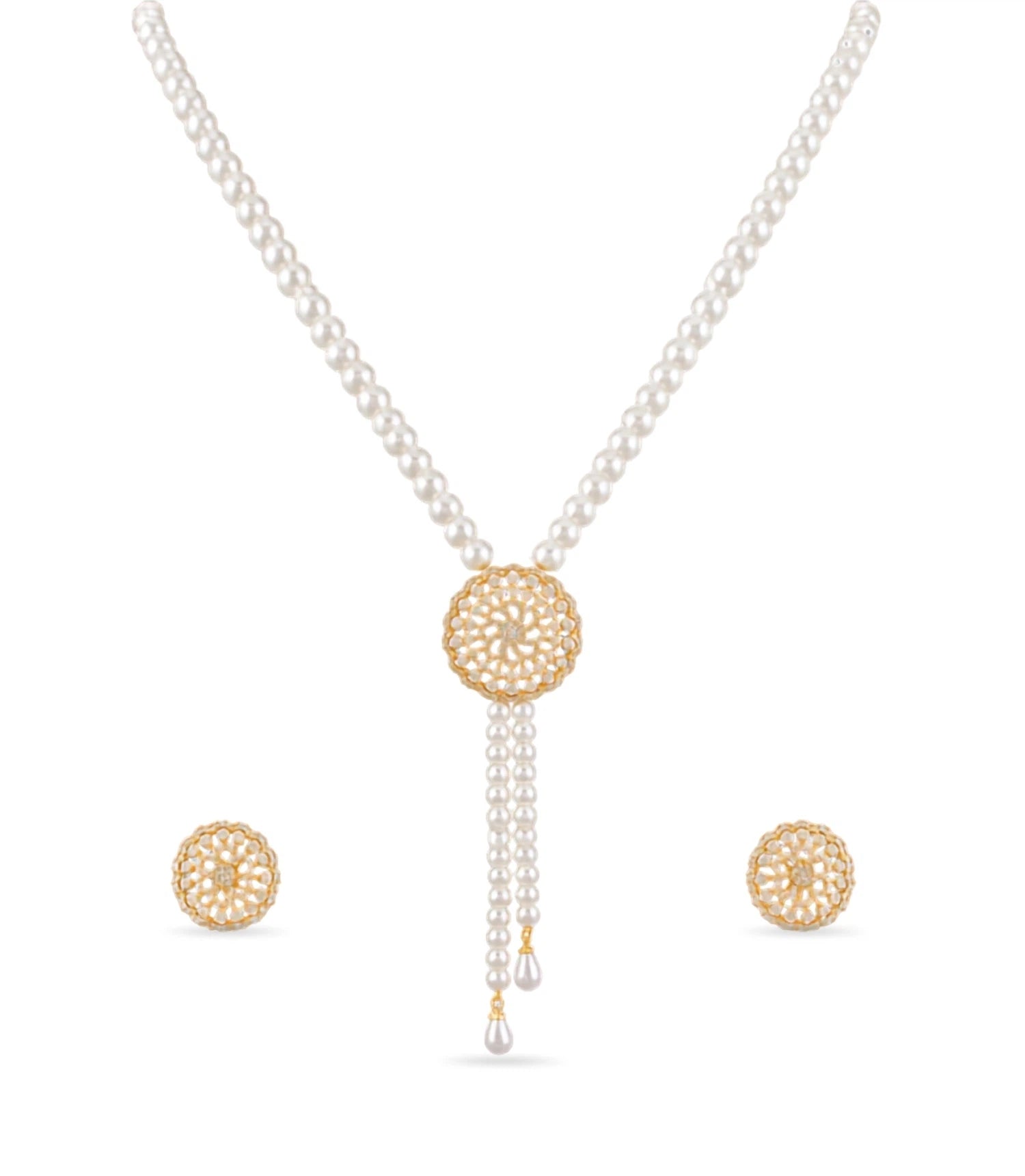 Gold Plated Long Single Strand Pearl Necklace Set