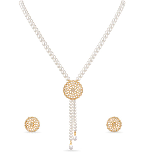 Gold Plated Long Single Strand Pearl Necklace Set