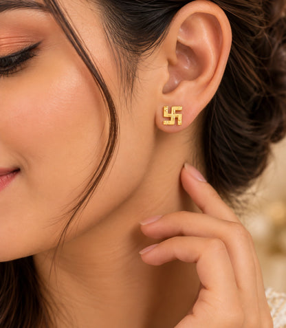 Gold Plated Swastik Blessing Stud Earrings