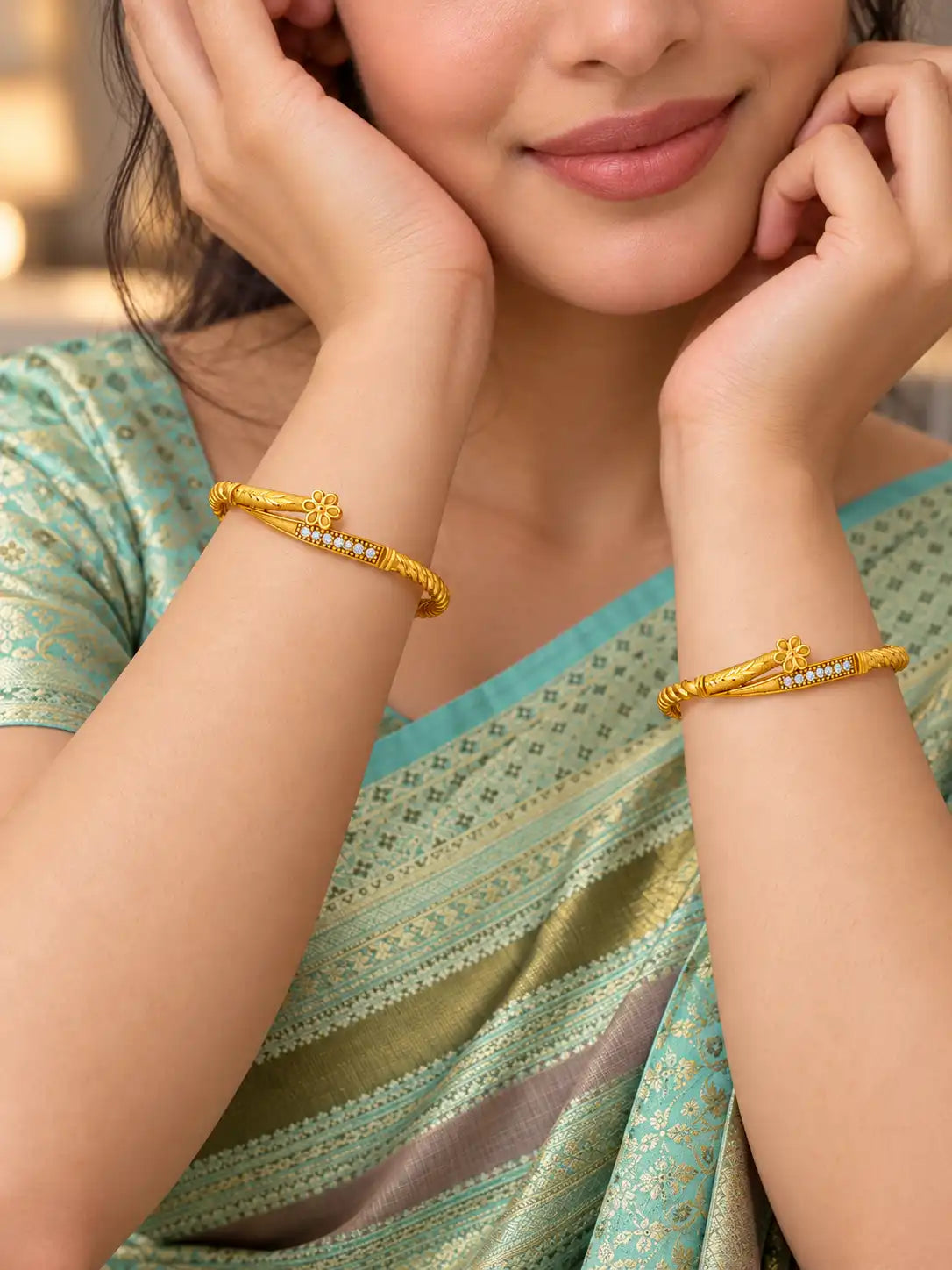Gold Plated Floral AD Bangle Set