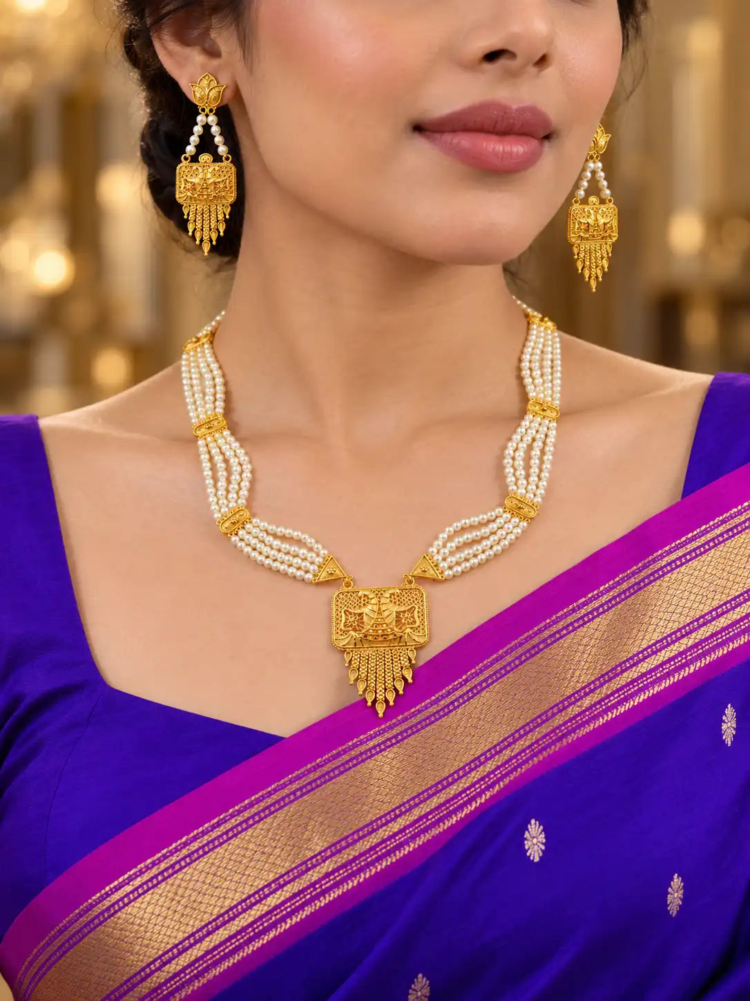 Gold Plated 4-Strand Pearl Long Necklace