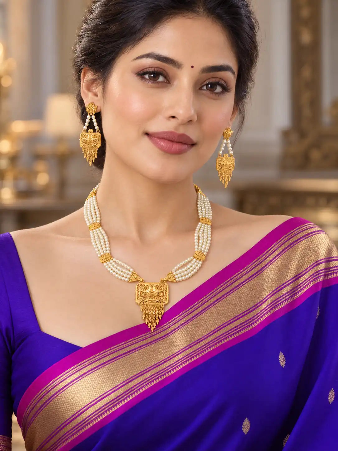Gold Plated 4-Strand Pearl Long Necklace