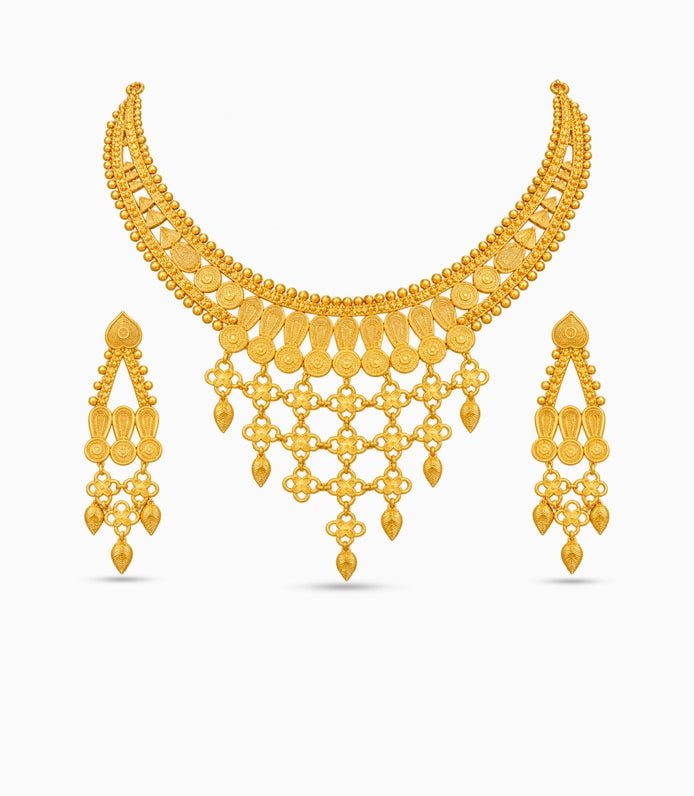 Gold Plated Intricate Mesh Bib Necklace Set