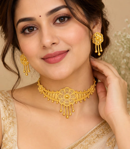 Gold Plated Circular Floral Choker Set