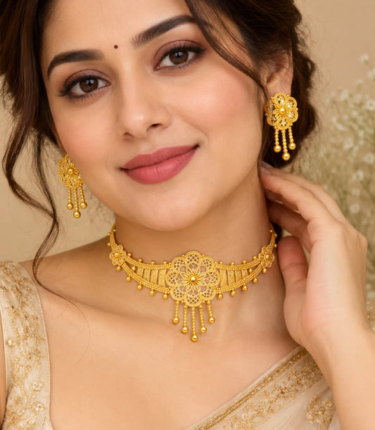 Gold Plated Circular Floral Choker Set