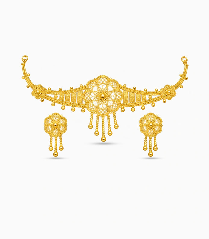 Gold Plated Circular Floral Choker Set