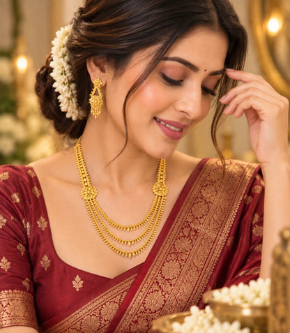 Gold Plated Wedding Layered Floral Long Necklace