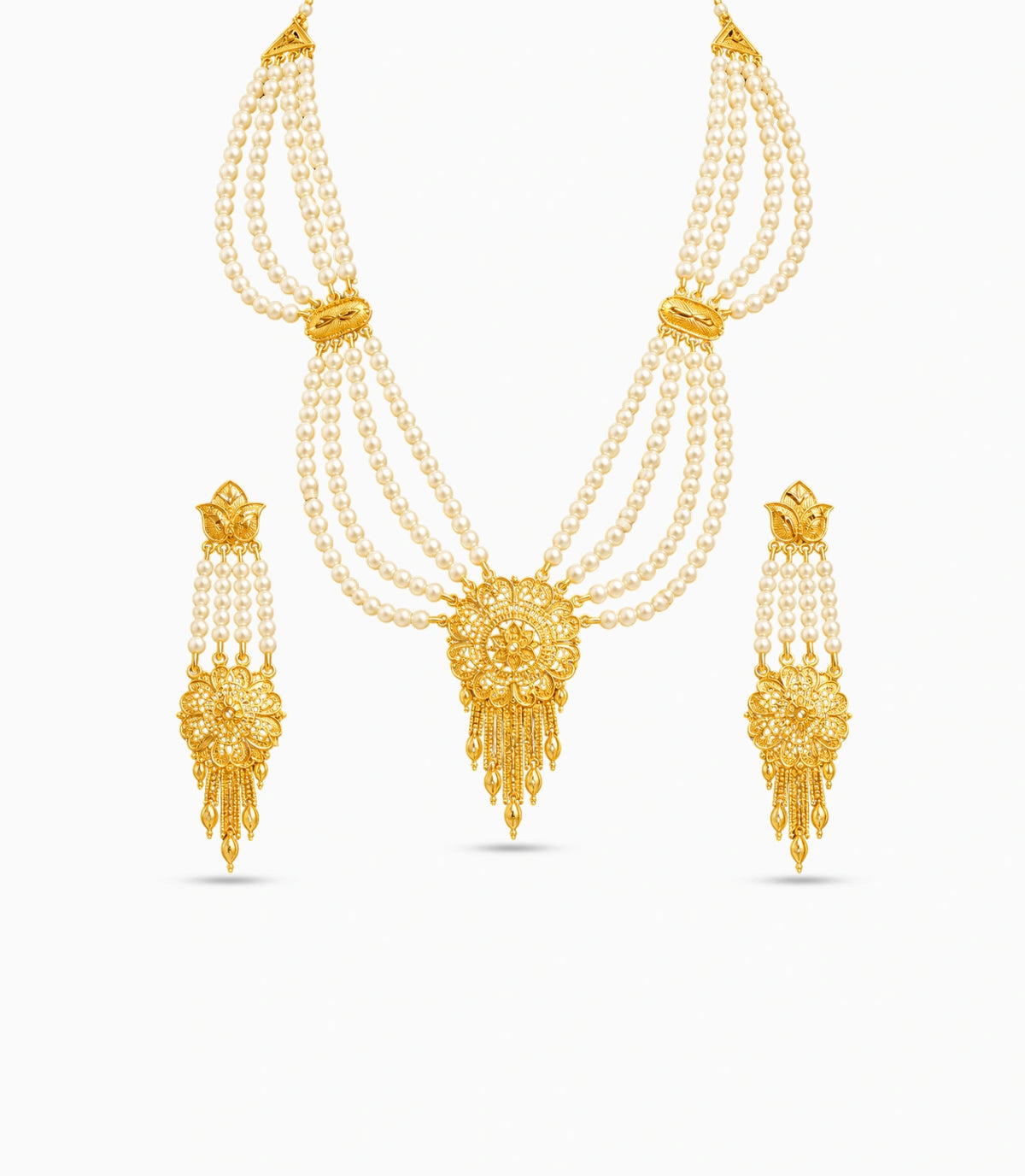 Gold Plated Circular Medallion Pearl Necklace Set
