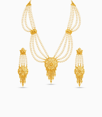 Gold Plated Circular Medallion Pearl Necklace Set
