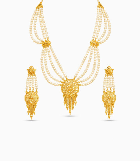 Gold Plated Circular Medallion Pearl Necklace Set