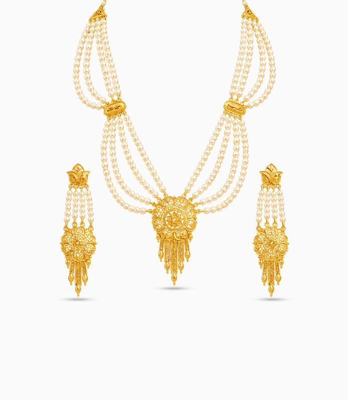 Gold Plated Circular Medallion Pearl Necklace Set