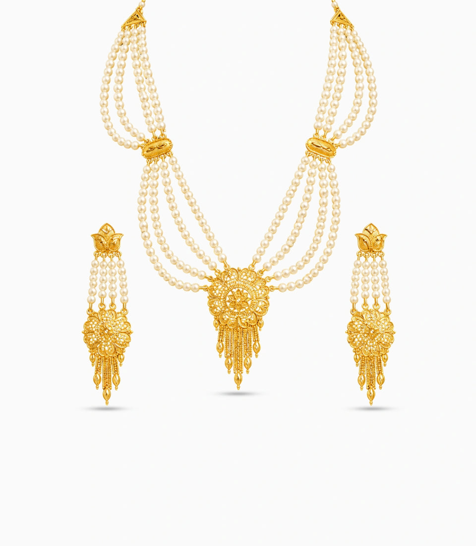 Gold Plated Circular Medallion Pearl Necklace Set